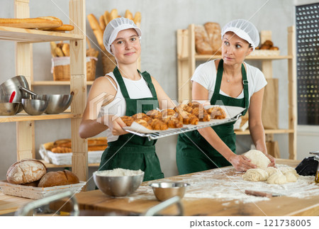 Two skilled female bakers in uniform working in bakehouse, adult female kneading dough, young beautiful girl posing with finished baked goods in her hands 121738005