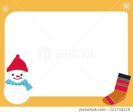 冬天背景。可愛的雪人和襪子的框架。向量圖 121738219