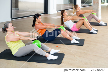 Women exercising with ball during group pilates class Women exercising with ball during group pilates class 121738263