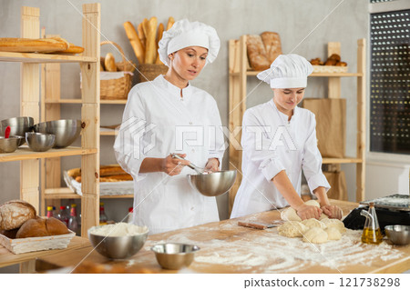 Female bakers in uniform preparing gray dough Female bakers in uniform preparing gray dough 121738298