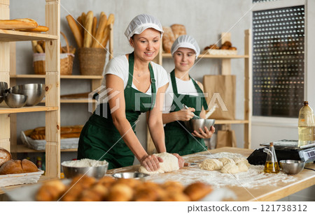 Two bakers knead dough in a bakery 121738312