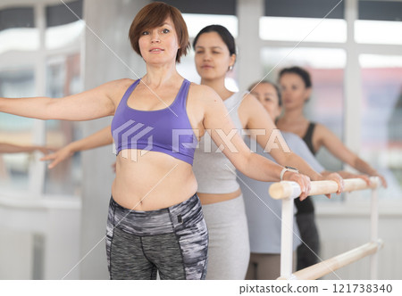 Women of different ages exercise near the ballet barre at group training session in batman batyu position Women of different ages exercise near the ballet barre at group training session in batman batyu position 121738340