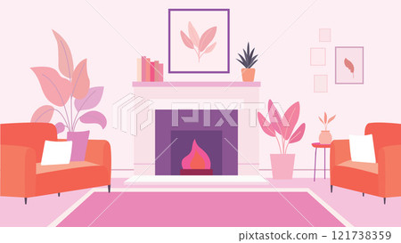 Living Room Interior Landscape Illustration with Armchair and Bonfire on Pink Wall Background Living Room Interior Landscape Illustration with Armchair and Bonfire on Pink Wall Background 121738359
