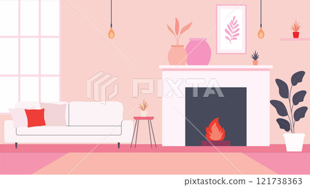 Living Room Interior Landscape Illustration with Sofa Couch and Plant on Pink Wall Background Living Room Interior Landscape Illustration with Sofa Couch and Plant on Pink Wall Background 121738363