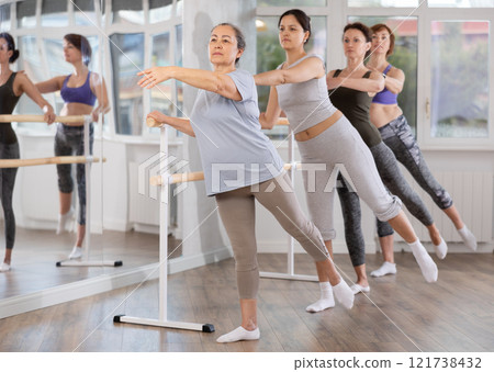 Elderly woman practicing arabesque in beginner ballet group Elderly woman practicing arabesque in beginner ballet group 121738432