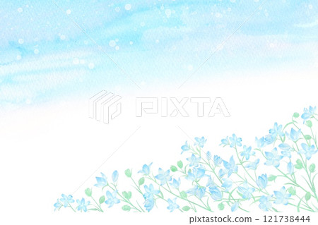 Landscape of a spray delphinium flower field blooming under a blue sky. Watercolor illustration. 121738444
