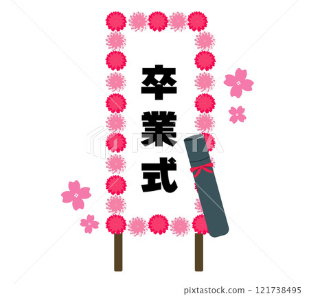 Graduation sign and diploma. School graduation ceremony. Vector illustration 121738495