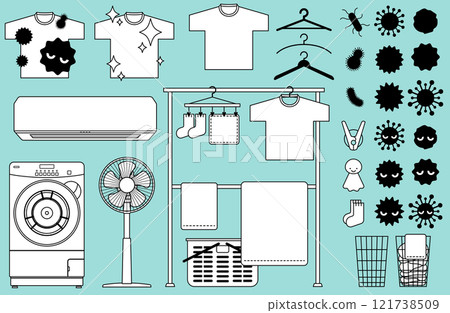 Vector illustration material set related to laundry and indoor drying Icon Washing machine Simple Line drawing White background Electric fan Vector illustration material set related to laundry and indoor drying Icon Washing machine Simple Line drawing White background Electric fan 121738509