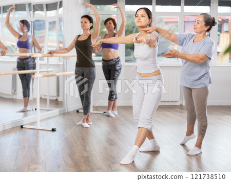 Ballet lesson for amateurs - choreographer teaches women of different ages different ballet steps in studio Ballet lesson for amateurs - choreographer teaches women of different ages different ballet steps in studio 121738510