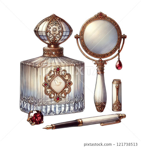 Decorative materials: Rococo-style perfume bottle, hand mirror, Generative AI 121738513