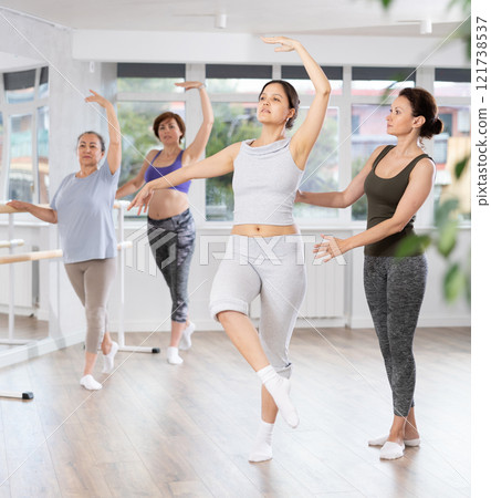 Adult woman teacher correcting beginning dancers 121738537
