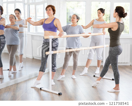 Female amateurs of choreographic lesson learn from experienced coach of theatrical dance Female amateurs of choreographic lesson learn from experienced coach of theatrical dance 121738541