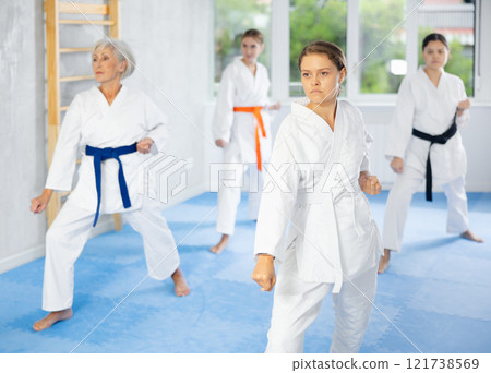 Athletes have starting position and repeating sequence of punches and painful techniques in kata Athletes have starting position and repeating sequence of punches and painful techniques in kata 121738569