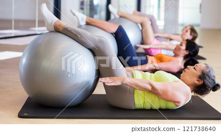 Women doing crunhces with stability balls Women doing crunhces with stability balls 121738640