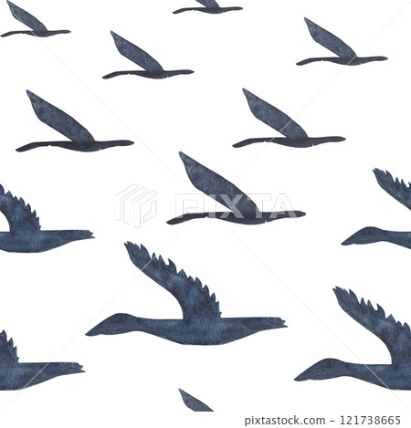 Flying birds, gees seamless pattern isolated on white. High quality hand-drawn watercolor simple flat illustration for landscapes, scrapbooking, wrapping paper, textile, souvenirs decor and design 121738665
