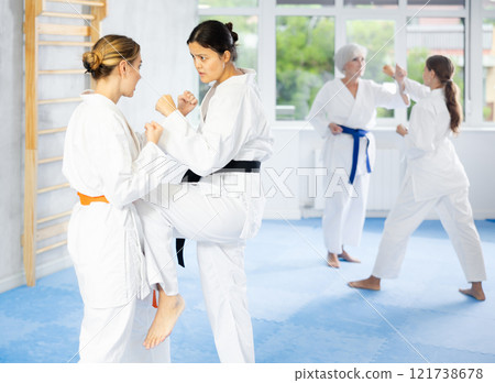 Two women trained to perform basic defensive karate installations and attacking combat techniques 121738678