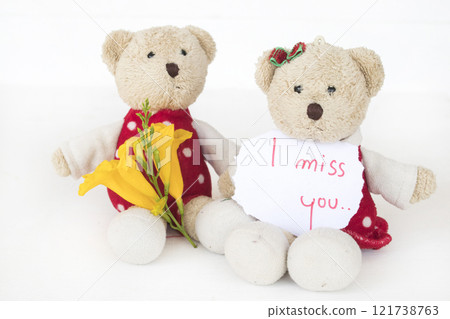 i miss you message card handwriting with couple teddy bear  121738763