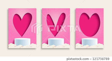 Set of Happy Valentine's Day greeting card. Trendy minimalist design with white Podium, clouds and 3D paper heart shape background. Paper art Vector Illustration. 121738789