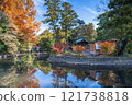 Autumn leaves at the sacred pond of Hikawa Shrine, Ichinomiya, Musashi Province 121738818