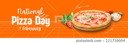 Pizza day, pizza with dough on an orange background Pizza day, pizza with dough on an orange background 121739004