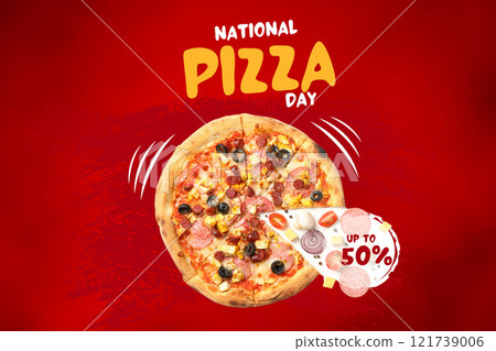 Pizza day, a pizza with an announcement on a red background Pizza day, a pizza with an announcement on a red background 121739006