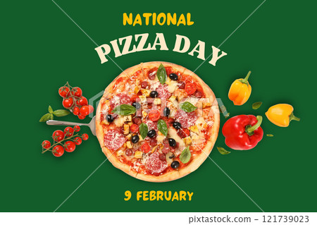 Pizza day, pizza on a green background Pizza day, pizza on a green background 121739023