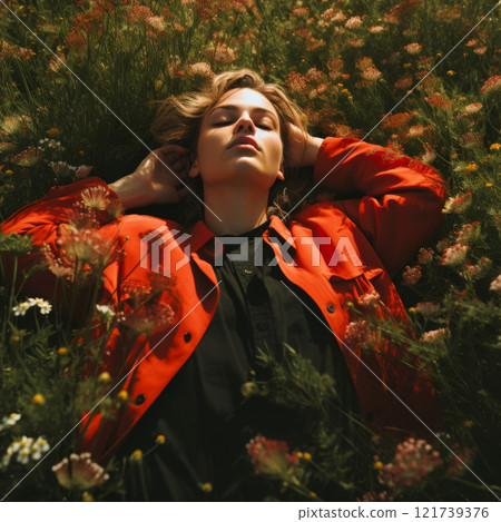 Young guy lying on a field with red flowers 121739376