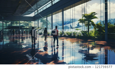 Silhouettes of people with suitcases at the airport 121739377