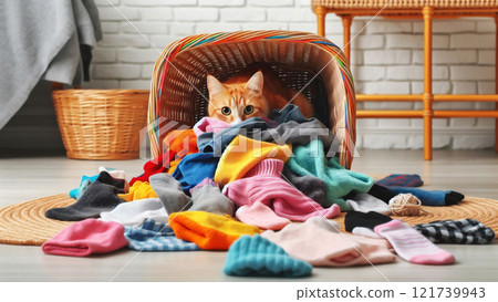 Cat messing with laundry Cat messing with laundry 121739943