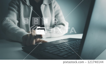 Document Management System, Officer using laptop manage files, Online document database management, automated processes to manage system, ERP enterprise efficient, business technology 121740144