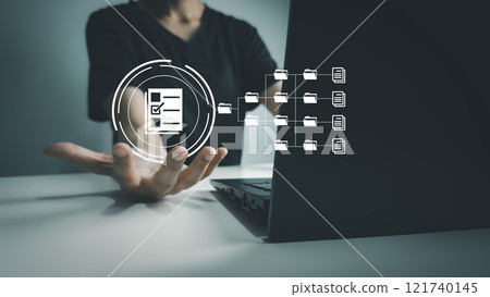 Document Management System, Officer using laptop manage files, Online document database management, automated processes to manage system, ERP enterprise efficient, business technology Document Management System, Officer using laptop manage files, Online document database management, automated processes to manage system, ERP enterprise efficient, business technology 121740145