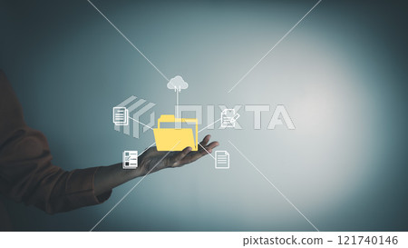 Document Management System, Officer using laptop manage files, Online document database management, automated processes to manage system, ERP enterprise efficient, business technology 121740146