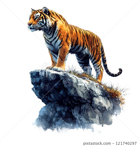A majestic tiger standing confidently on a rocky ledge, gazing into the distance, surrounded by natural scenery and vibrant colors. Wildlife Animals. 121740297