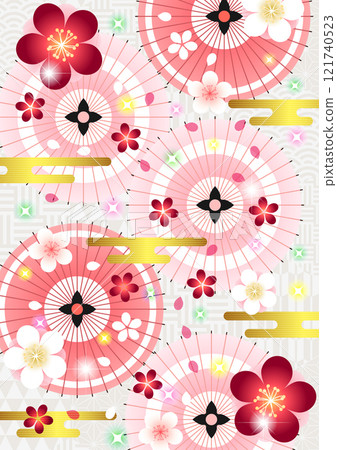 Japanese background with Japanese umbrella and plum blossom on hexagonal Japanese pattern, cute, vertical, illustration, pink Japanese background with Japanese umbrella and plum blossom on hexagonal Japanese pattern, cute, vertical, illustration, pink 121740523