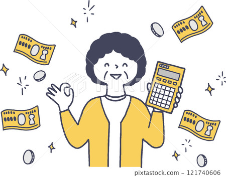 Rich senior woman holding a calculator Monochrome 121740606