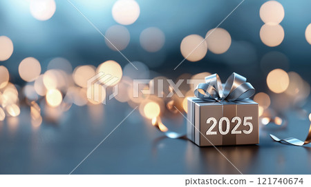 Futuristic 2025 holiday gift box wrapped in reflective silver foil 121740674