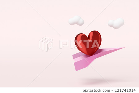 3d red heart with paper plane, cloud isolated on pink background. Happy valentine's day concept, 3d illustration render 121741014