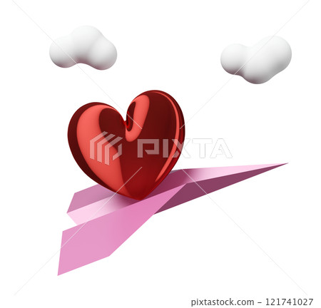 3d red heart with paper plane, cloud isolated. Happy valentine's day concept, 3d illustration render 3d red heart with paper plane, cloud isolated. Happy valentine's day concept, 3d illustration render 121741027