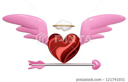 3d red heart wings flying with arrow, cloud, ring isolated. Happy valentine's day concept, 3d illustration render 3d red heart wings flying with arrow, cloud, ring isolated. Happy valentine's day concept, 3d illustration render 121741031