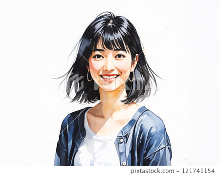Watercolor style: Smiling young woman with bob hair 121741154