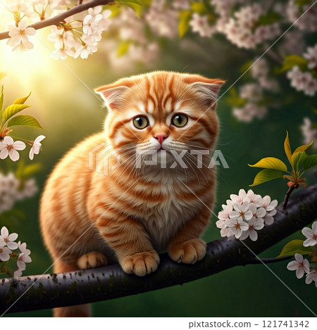 Munchkin cat resting on a cherry blossom branch 121741342