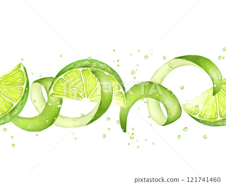 Limes seamless border with slices and peels. Fruit background 121741460