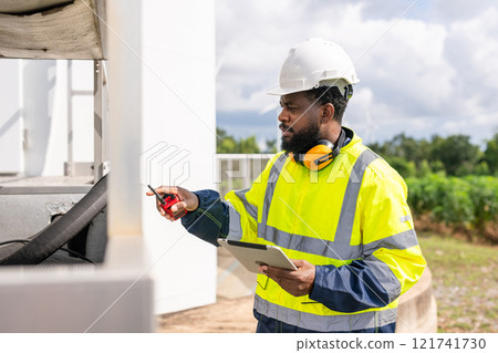 man in a yellow safety vest is working on a piece of equipment man in a yellow safety vest is working on a piece of equipment 121741730