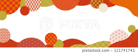 Japanese style banner background with Japanese patterned circles and waves / horizontal, vermilion 121741743
