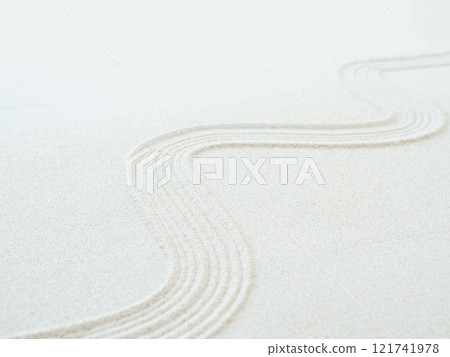 Zen Garden Sand White Background Japanese Balance Meditation Relax Buddhism Spirituality, Pattern Line Wave Mandala Mockup Spa Vacation Yoga Lifestyle Natural Summer, Texture Desert Coast Sea. 121741978