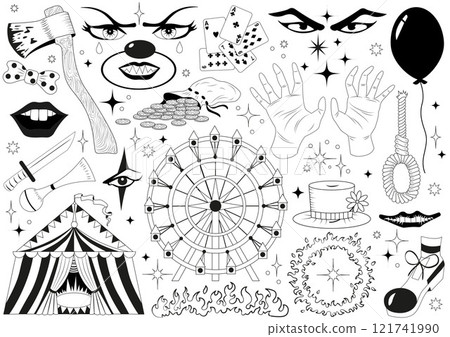 Hand drawn design set of line art circus symbols and items with clowns, carnival tents, carousel, balloon isolated on white. Cartoon illustration 121741990