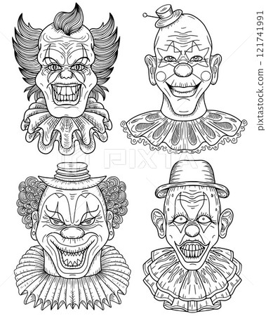 Hand drawn design set of line art crazy clowns with scary painted faces, red lips, funny hair for mascot, t-shirt, stickers, clipart isolated on white. Vector cartoon illustration 121741991