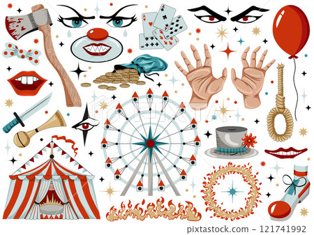 Hand drawn design set of colorful circus symbols and items with clowns, carnival tents, magician hands, carousel, balloon for stickers, cliparts isolated on white. Vector cartoon illustration 121741992