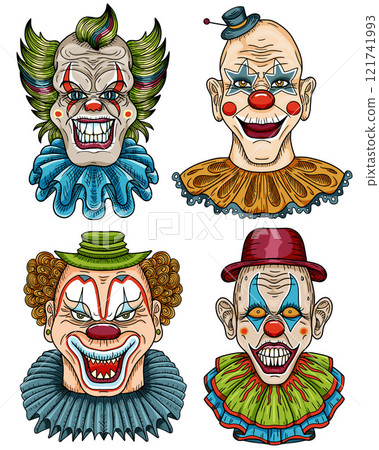 Hand drawn colorful design set of scary, crazy clowns with painted faces, red lips, funny hair for mascot, t-shirt, stickers, clipart isolated on white. Vector cartoon illustration 121741993
