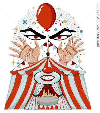 Design vector cartoon illustration with symbols of circus, carnival, tent, red balloon, magician hands and scary clown for mascot, t-shirt, stickers, clipart isolated on white.  121741998